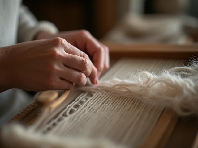 Un participant concentré sur son tissage, les mains habiles sur le métier, avec des fils de laine.