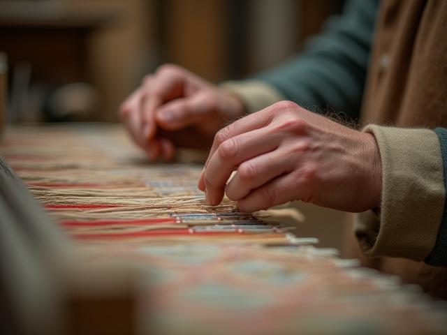 Les mains d'un maître tisserand travaillant méticuleusement sur un métier à tisser traditionnel